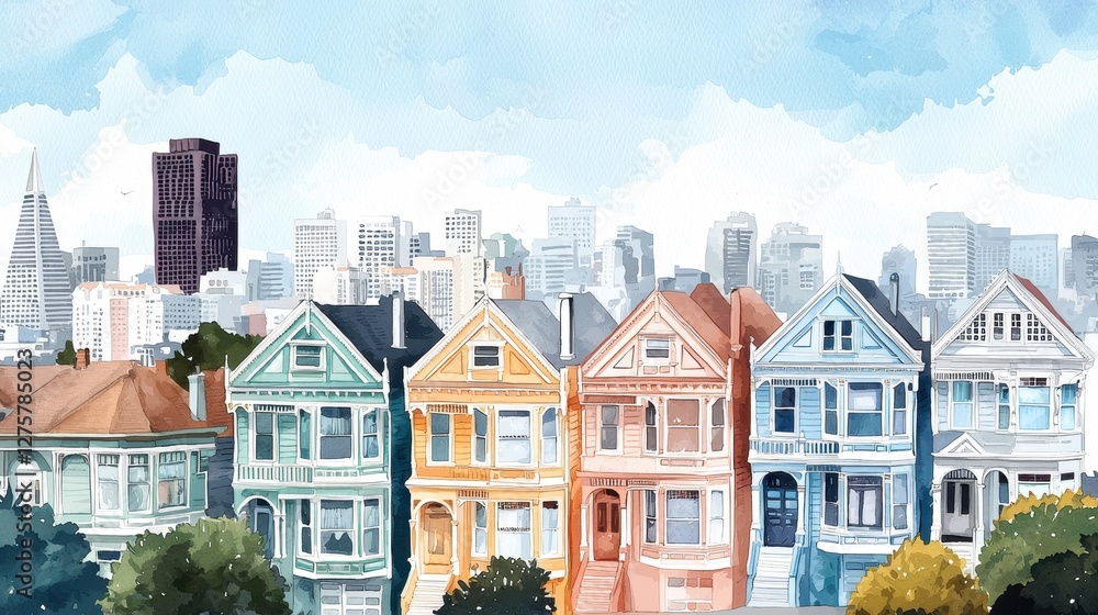 Obraz premium Colorful Victorian Houses with Urban Skyline in Background
