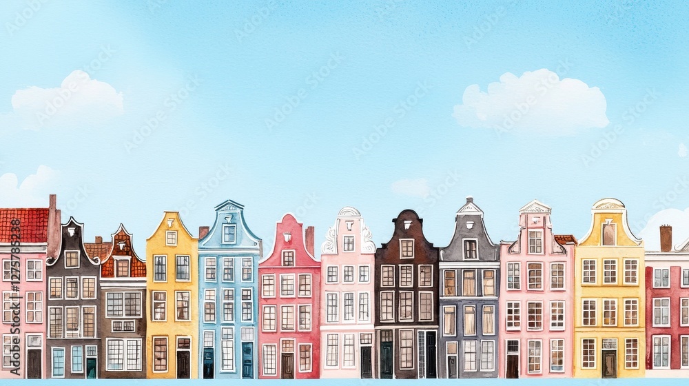 Colorful Row of Dutch Houses Under a Clear Blue Sky Colorful Row of Dutch Houses Under a Clear Blue Sky