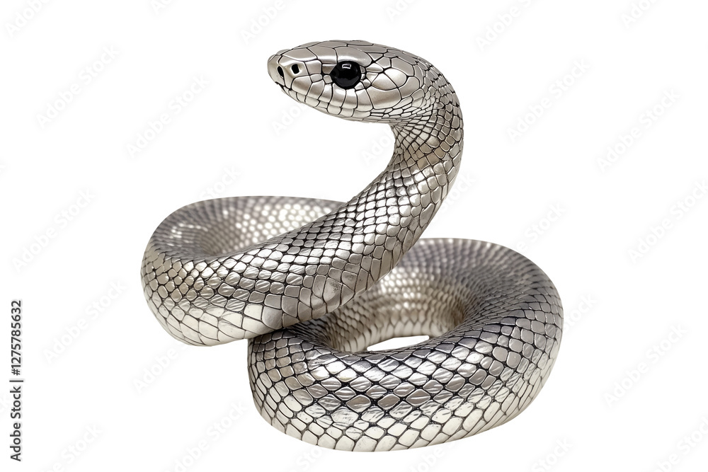 Obraz premium Coiled silver snake sculpture with detailed scales isolated on white transparent background, reptiles or wildlife, symbolizing Chinese Lunar New year