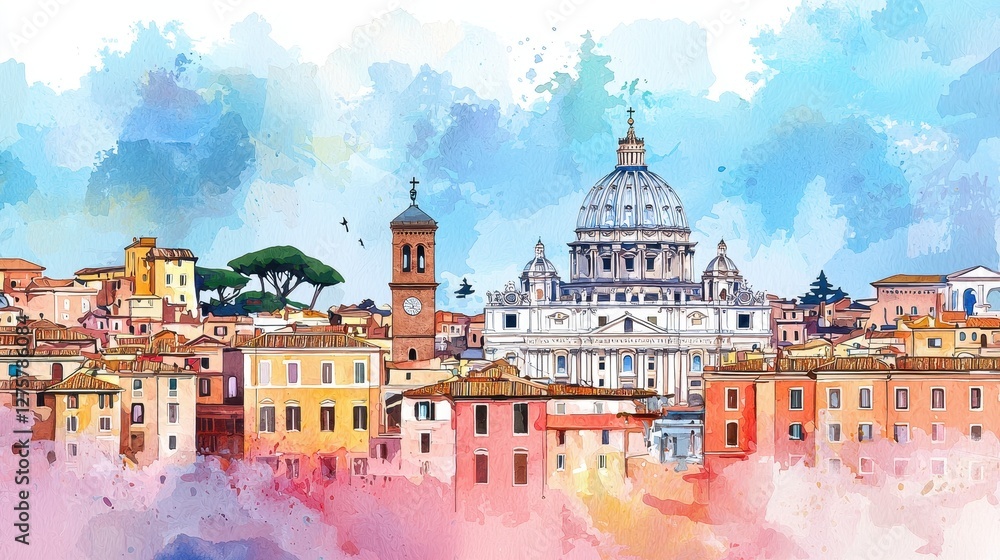 Fototapeta premium Vibrant Watercolor Cityscape of Vatican City with Colorful Buildings