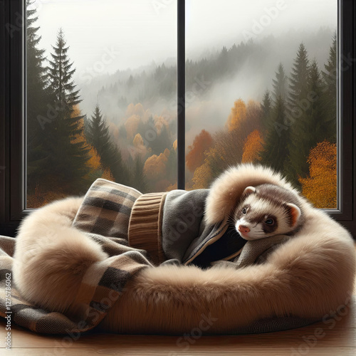 a ferret wearing a coat, sleeping in a fur bed at a big window in a modern house, with a forest in autumn and a foggy atmosphere