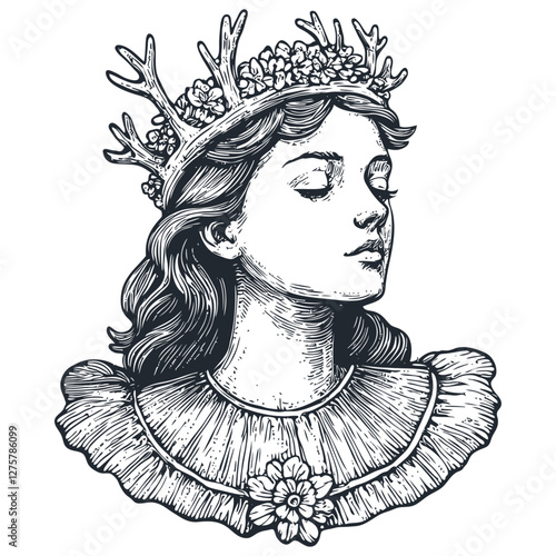 Vector illustration of a woman with a crown of antlers and flowers. Detailed engraving style. Suitable for fantasy, nature, or beauty-themed projects.