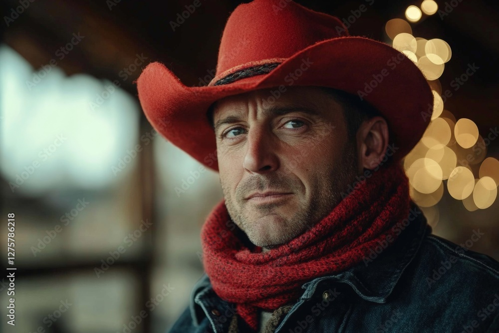 Cowboy wearing a red hat and scarf during a chilly evening at a rustic location Cowboy wearing a red hat and scarf during a chilly evening at a rustic location