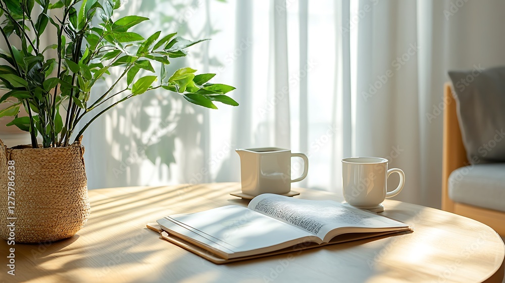 Home Interior with Book and Drink, Sunlight, Cozy Atmosphere, Peaceful Scene, Suitable for Relaxing or Productivity Content Home Interior with Book and Drink, Sunlight, Cozy Atmosphere, Peaceful Scene, Suitable for Relaxing or Productivity Content