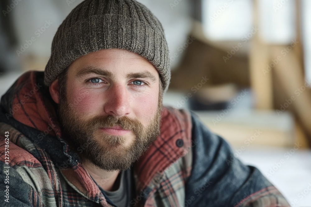 Man dressed in warm clothing poses for a portrait with a thoughtful expression indoors during winter