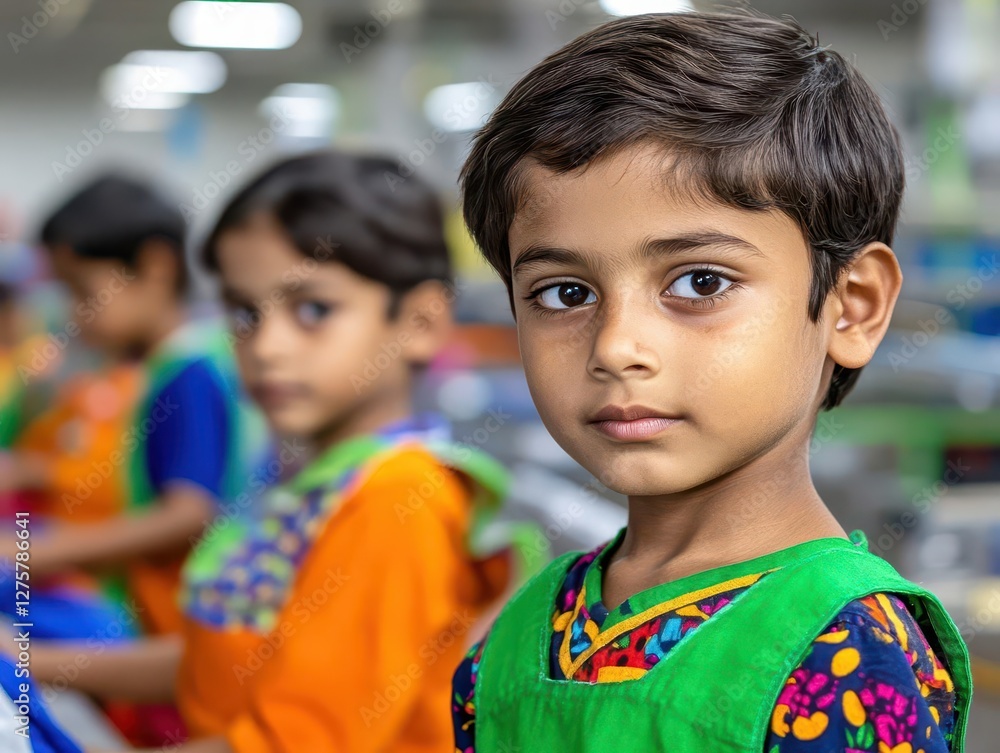 A stark image of child labor in Bangladesh, showing young children working in a garment factory A stark image of child labor in Bangladesh, showing young children working in a garment factory
