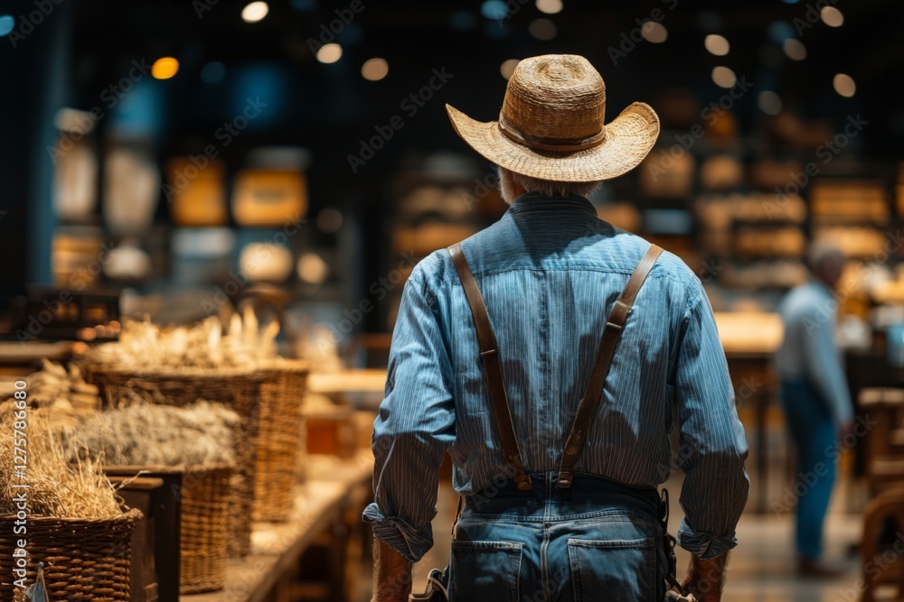 Farmer exploring a rustic market filled with handmade goods and agricultural products in the evening light Farmer exploring a rustic market filled with handmade goods and agricultural products in the evening light