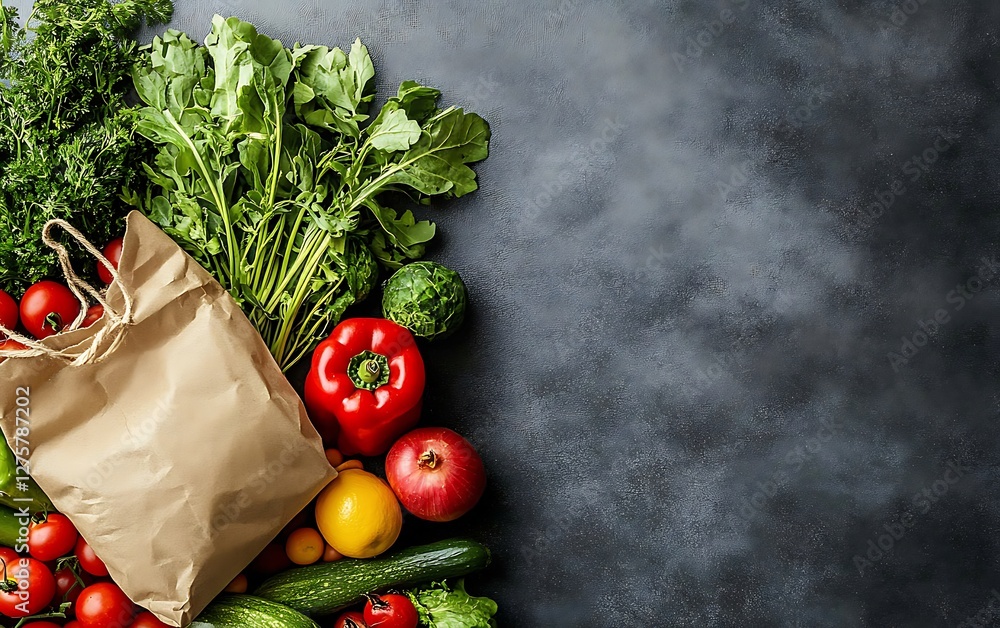 Fresh produce in brown paper bag, dark background. Healthy food, shopping Fresh produce in brown paper bag, dark background. Healthy food, shopping