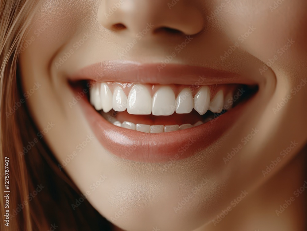 Fototapeta premium A closeup of a beautiful womans smile focusing only on her Teeth Before And After Whitening in blue light