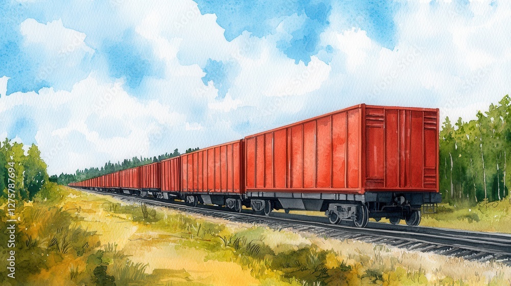 Vibrant Red Cargo Train Cars on a Scenic Railway Track Landscape Vibrant Red Cargo Train Cars on a Scenic Railway Track Landscape