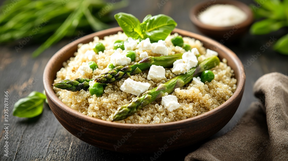 A gourmet-style quinoa bowl with grilled asparagus and feta cheese, set on a minimalist dark wooden surface with soft, natural lighting A gourmet-style quinoa bowl with grilled asparagus and feta cheese, set on a minimalist dark wooden surface with soft, natural lighting