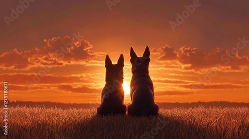 Two dogs silhouetted against a vibrant sunset, sitting in a field.