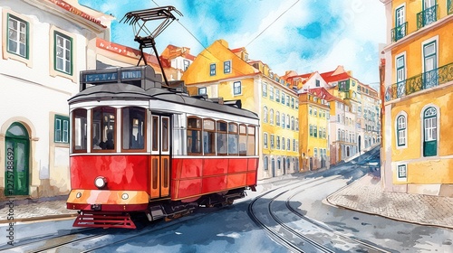 Colorful Vintage Tram in Scenic European Coastal Town Landscape