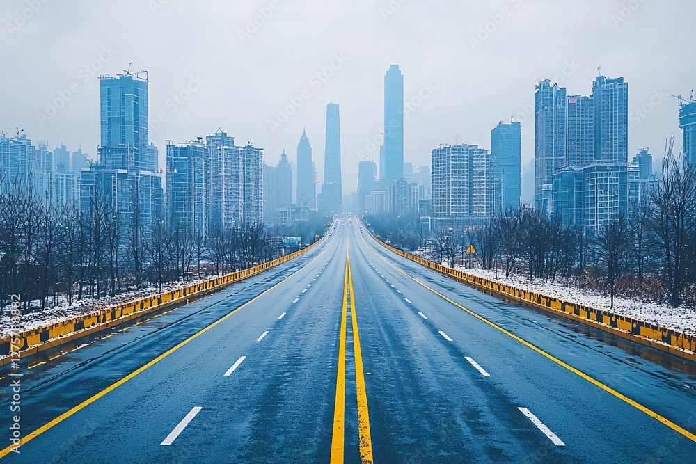 Fototapeta premium A wide, empty road stretches towards a misty skyline, revealing towering buildings amidst a somber, winter atmosphere. Perfect for urban, travel, or city landscapes.