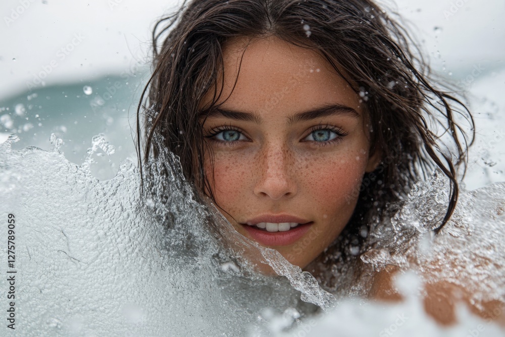Fototapeta premium Young woman splashing in ocean waves during cloudy day with beautiful blue eyes and wet hair