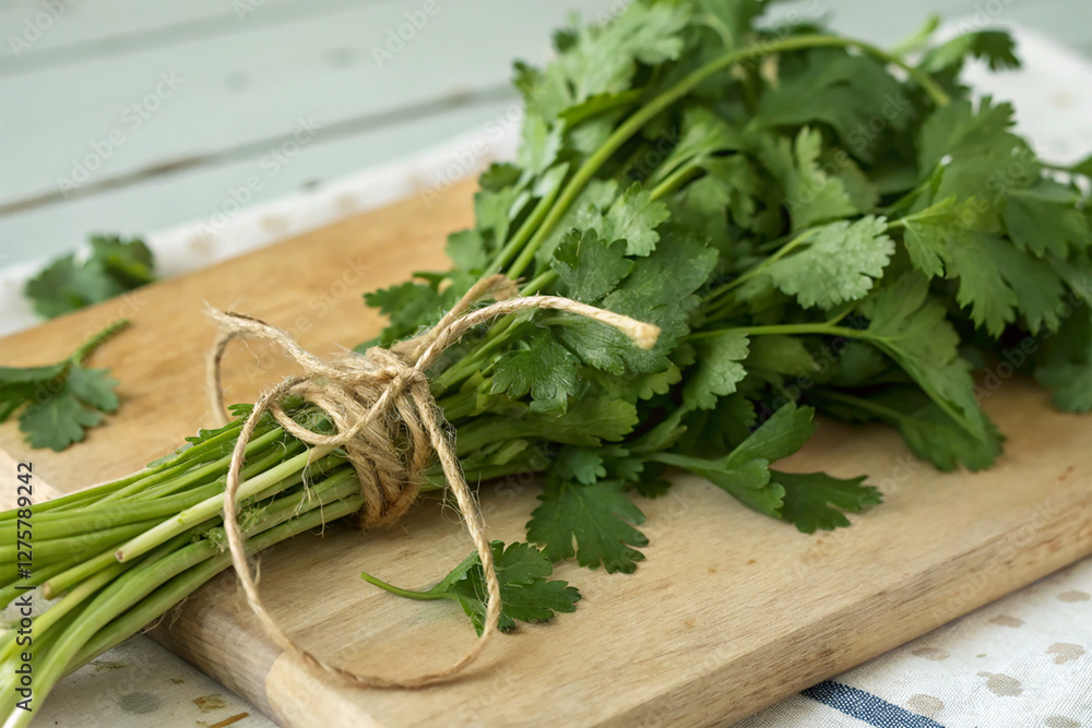 A bunch of coriander tied with a natural string A bunch of coriander tied with a natural string