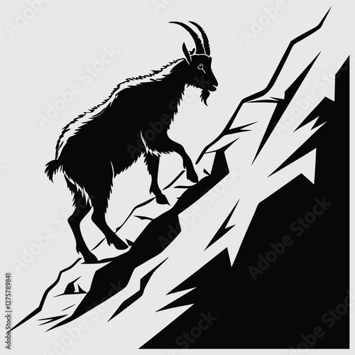 a mountain goat climbing steep rocks silhouette vector design art and illustration