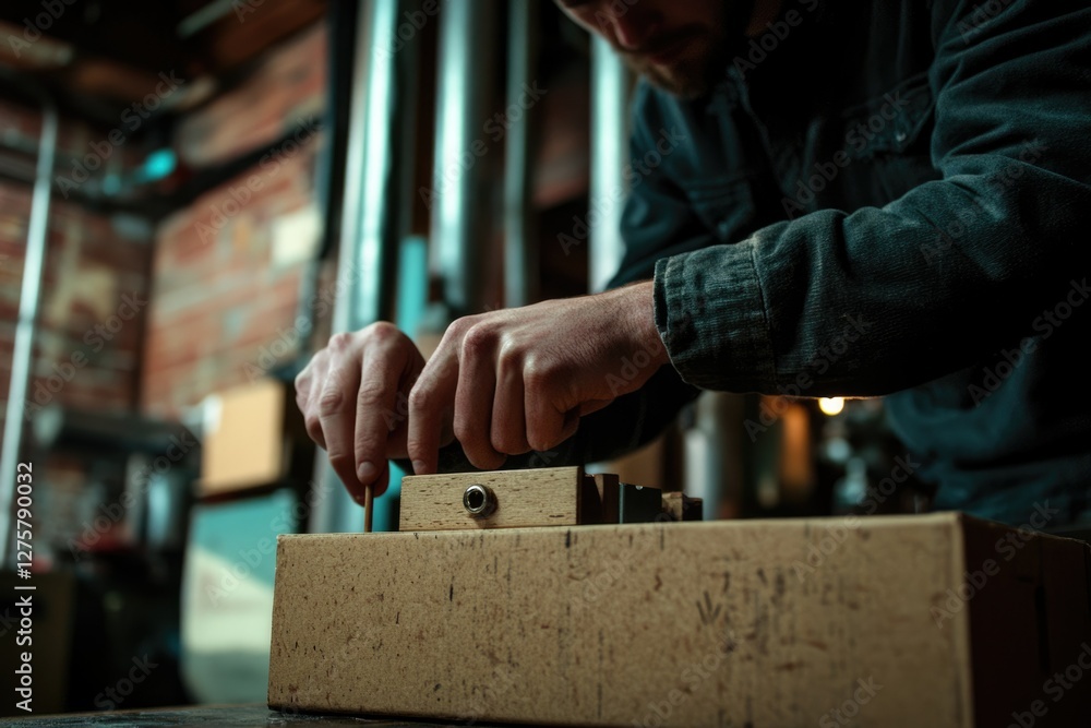 A craftsman meticulously inserts a small component into a wooden device in his rustic workshop. A craftsman meticulously inserts a small component into a wooden device in his rustic workshop.
