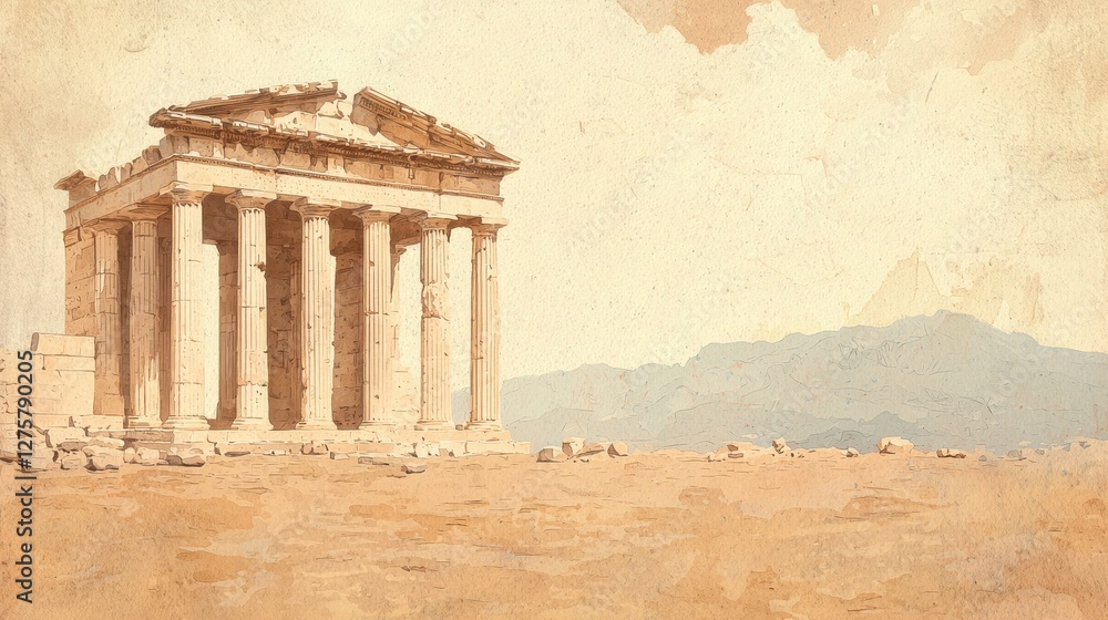 Obraz premium Ancient Temple Ruins Under Soft Sky with Mountains in Background