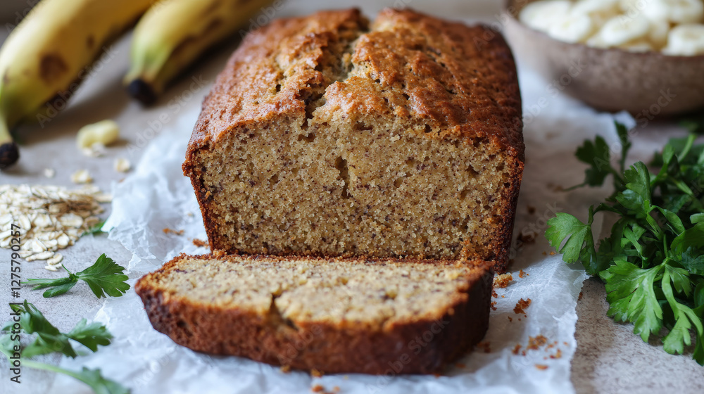 Delicious gluten free banana bread with cracked top and soft texture, surrounded by fresh bananas and oats, perfect for healthy snack or breakfast Delicious gluten free banana bread with cracked top and soft texture, surrounded by fresh bananas and oats, perfect for healthy snack or breakfast