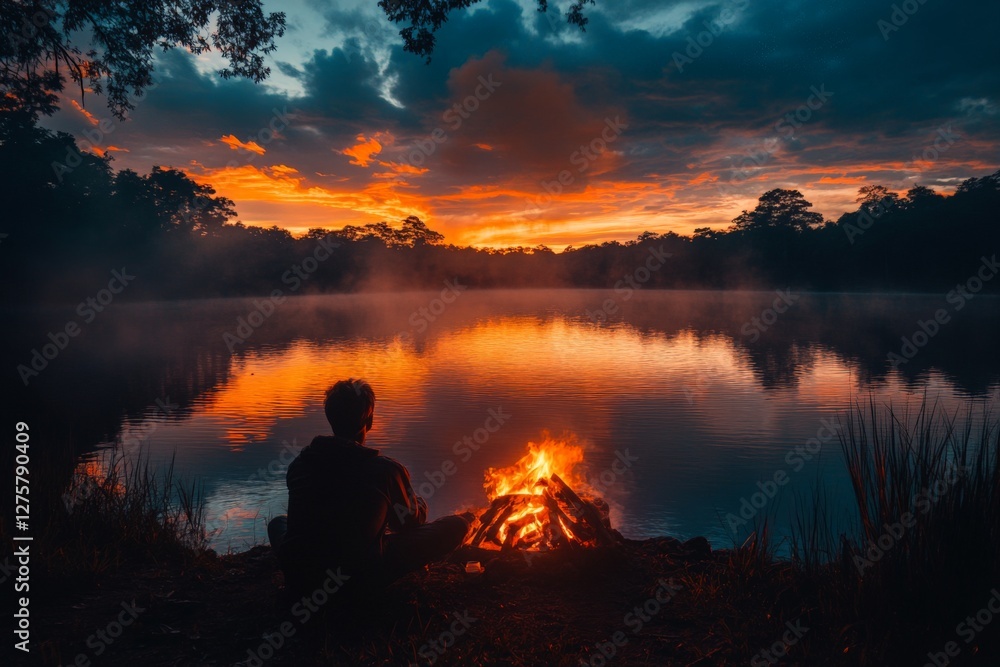 Obraz premium Person enjoying a serene sunset by a tranquil lake with a glowing campfire
