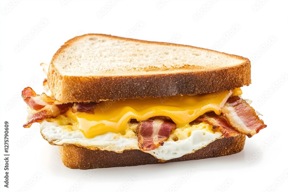 Breakfast sandwich made with melted cheese, crispy bacon and a fried egg isolated on a white background Breakfast sandwich made with melted cheese, crispy bacon and a fried egg isolated on a white background