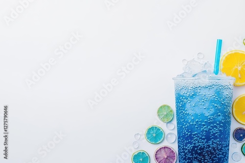 Glass of blue lemonade with ice cubes and lemon slices on a wooden table in natural light