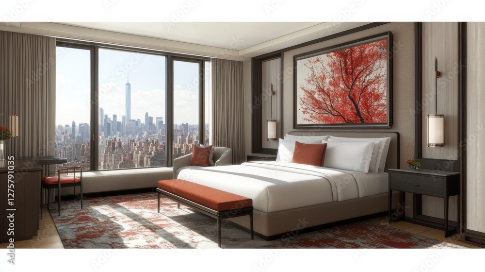 Fototapeta premium Luxury Hotel Room with City View and Modern Design Aesthetic