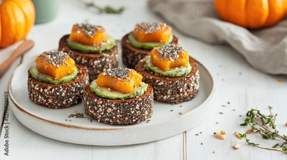 Healthy avocado toasts on whole grain bread topped with pumpkin and seeds, perfect for nutritious snack or appetizer. Enjoy vibrant colors and textures Healthy avocado toasts on whole grain bread topped with pumpkin and seeds, perfect for nutritious snack or appetizer. Enjoy vibrant colors and textures
