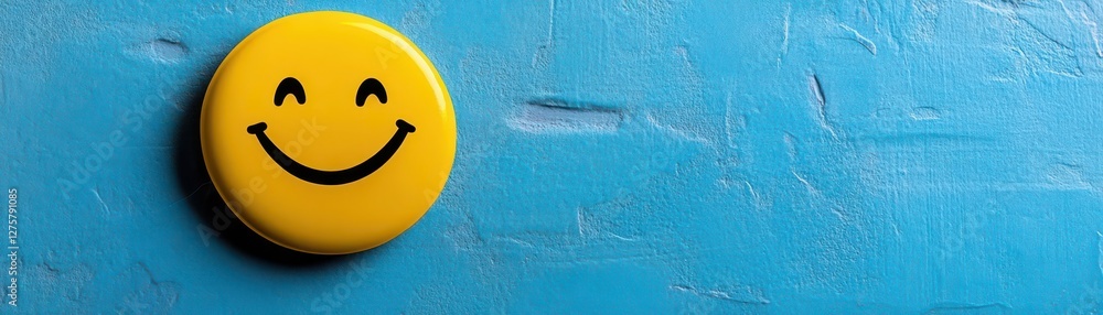 A yellow smiling face badge on a blue background A yellow smiling face badge on a blue background