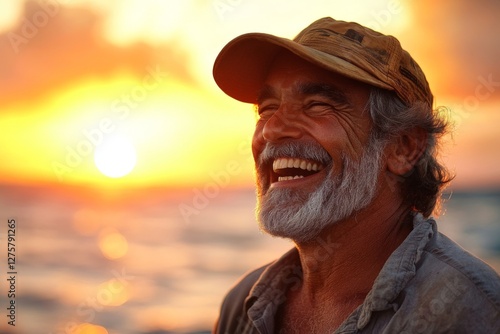 Smiling man with gray beard enjoys sunset by the ocean, capturing a moment of joy and tranquility