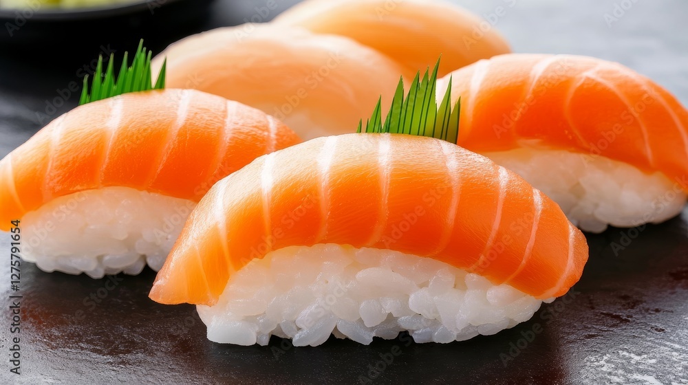 Freshly prepared salmon sushi arranged neatly on a dark slate plate with green garnishes Freshly prepared salmon sushi arranged neatly on a dark slate plate with green garnishes