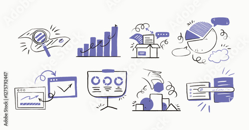 Business and finance hand-drawn icons set. Sketch-style illustrations of financial growth, data analysis, investment, and digital marketing. Flat vector doodle collection for business presentations