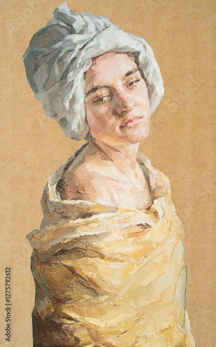 .GIRL with a scarf on her head. Portrait of a woman on a cardboard background. Oil painting on canvas.