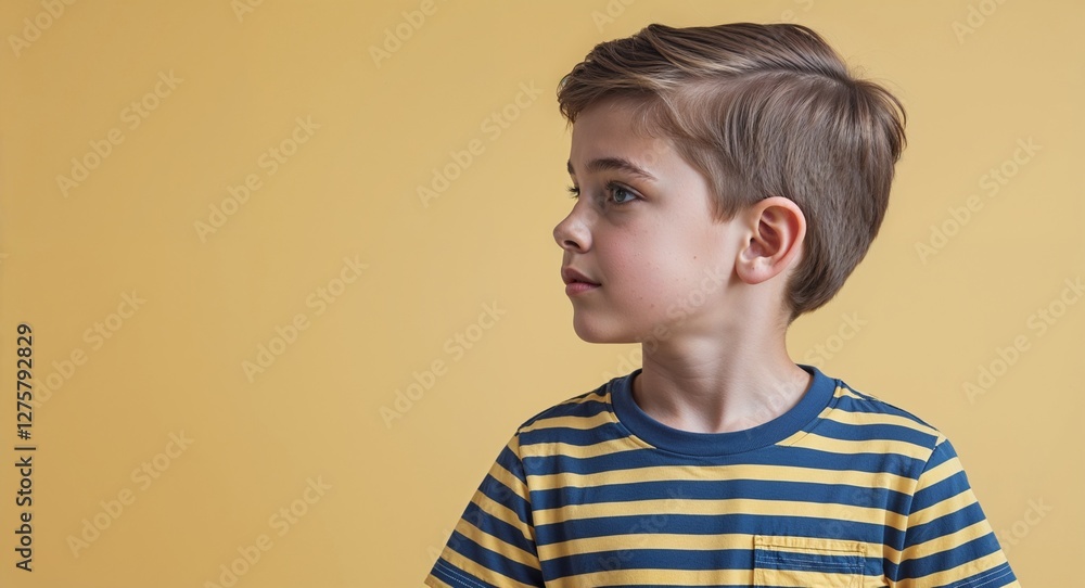 Kid Caucasian boy in plain yellow background striped shirt side view portrait Kid Caucasian boy in plain yellow background striped shirt side view portrait