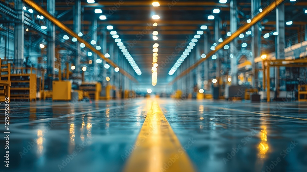Wide panoramic shot of a factory interior with multiple production lines and natural light flooding Wide panoramic shot of a factory interior with multiple production lines and natural light flooding