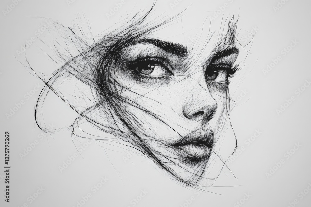Fototapeta premium Intricate black and white sketch of a woman's face highlighting expressive features and flowing hair