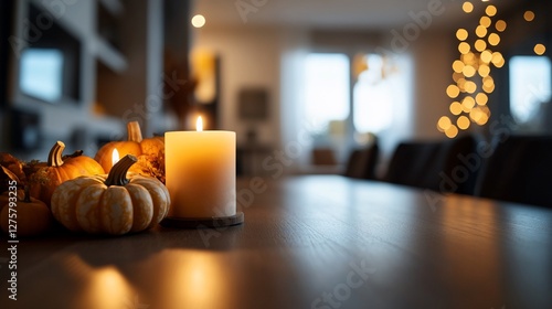 Warm and Inviting Thanksgiving Table Setting with Pumpkins and Candle photo