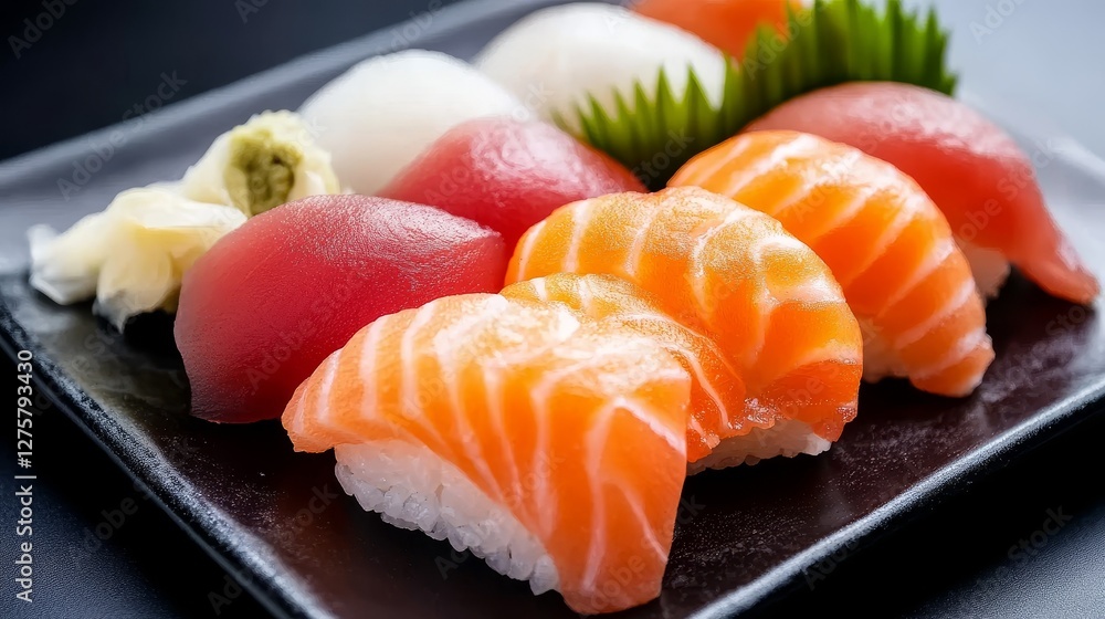 Delicious assortment of sushi on a black plate, featuring salmon and tuna, garnished with wasabi Delicious assortment of sushi on a black plate, featuring salmon and tuna, garnished with wasabi