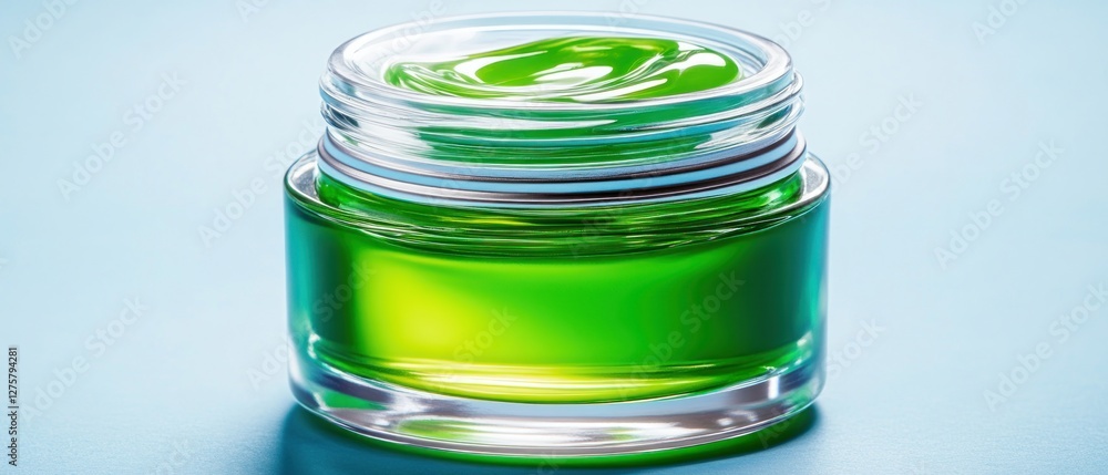 Green Herbal Cream in Glass Jar Skincare Product Closeup Green Herbal Cream in Glass Jar Skincare Product Closeup
