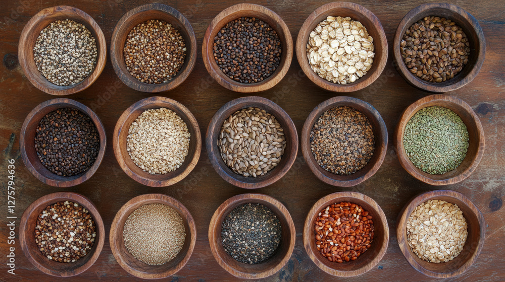 Top down view of various natural organic cereals and seeds in wooden bowls, showcasing diverse array of textures and colors, perfect for healthy eating Top down view of various natural organic cereals and seeds in wooden bowls, showcasing diverse array of textures and colors, perfect for healthy eating