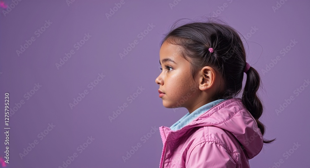 Kid Hispanic girl in plain purple background pink jacket side view portrait