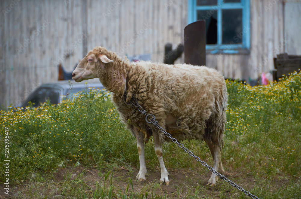 Obraz premium Farm animal eating grass on pasture