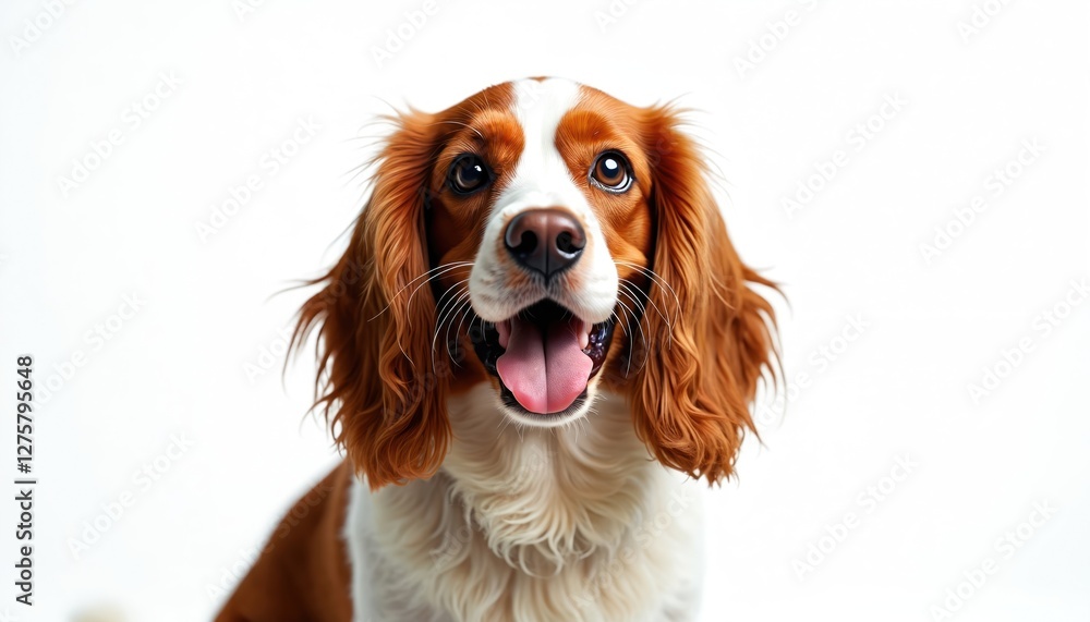 Close-up portrait of happy dog with tongue sticking out. Red and white Cocker Spaniel breed, purebred pedigree, domestic pet, animal friend in studio shot.