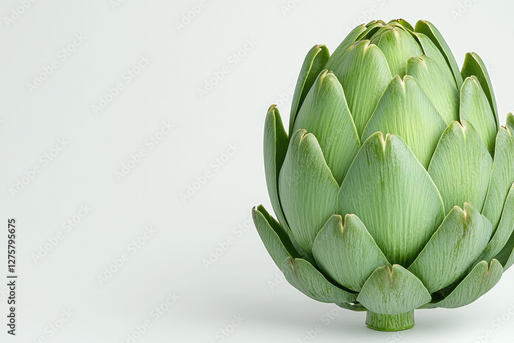 Fototapeta premium Minimalistic shot of a fresh artichoke, placed upright on a clean white background,