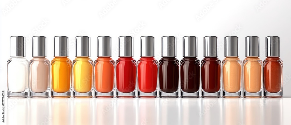 A Row of Nail Polish Bottles in Warm Tones Ready for Manicure A Row of Nail Polish Bottles in Warm Tones Ready for Manicure