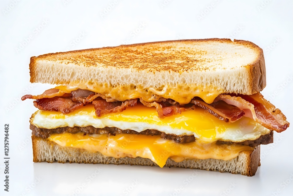 A cross section view of a breakfast sandwich in toast bread made with a fried egg, bacon and melted cheese on a white background A cross section view of a breakfast sandwich in toast bread made with a fried egg, bacon and melted cheese on a white background