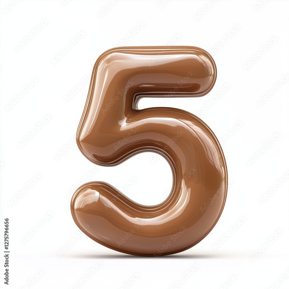 Number 5 made of smooth milk chocolate with glossy reflections isolated on a clean white background Number 5 made of smooth milk chocolate with glossy reflections isolated on a clean white background