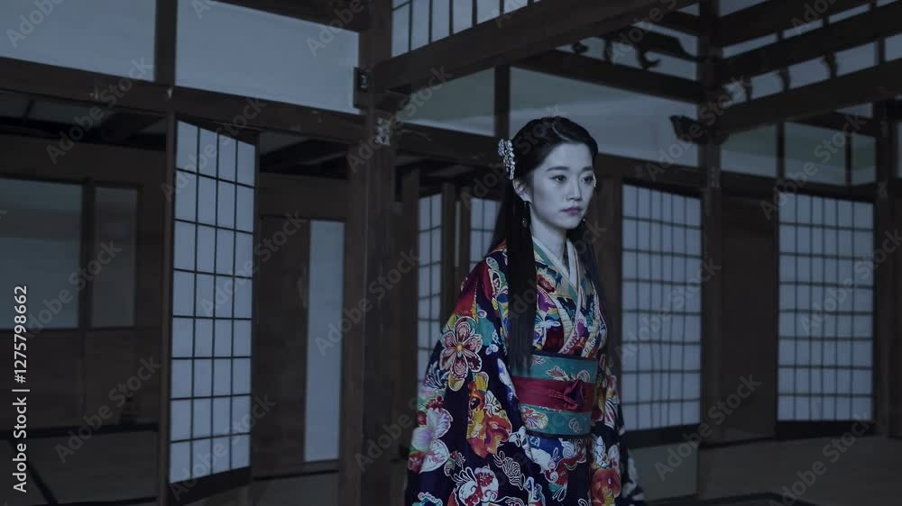 A woman in traditional Japanese attire walks in a dimly lit room with wooden beams. The video captures her from a side angle, highlighting her intricate kimono. A woman in traditional Japanese attire walks in a dimly lit room with wooden beams. The video captures her from a side angle, highlighting her intricate kimono.
