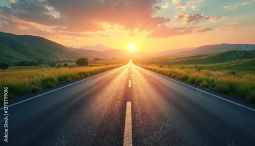 Fototapeta Naklejka Na Ścianę i Meble -  Long straight asphalt road towards sunset over green hills. Empty deserted highway vanishing point view. Sunny scenery. Car travel. Road trip adventure wallpaper.
